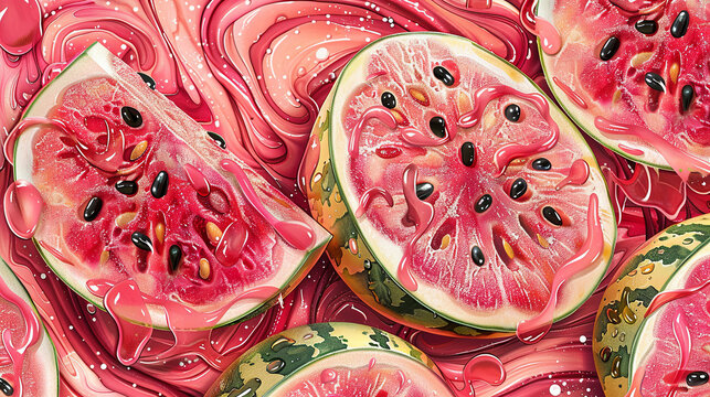 A watermelon is shown in a painting with a pink background