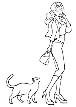 一筆書き-猫と歩く女性