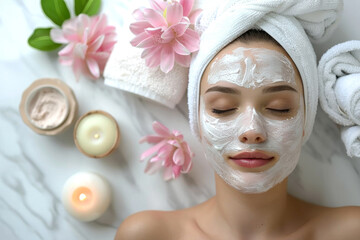 Cosmetic facial mask on the beautiful face of a model relaxing in a spa salon. Candles, fruits, cosmetic items. Personal care.