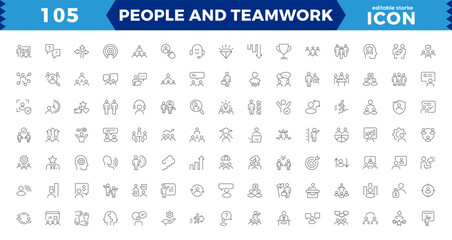 People and teamwork line icons set. Business teamwork, team building, work group and human resources, Business teamwork, human resources, meeting, partnership, meeting