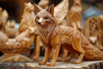Handmade wooden fox sculpture Exquisite craftsmanship and proud posture. AI Image