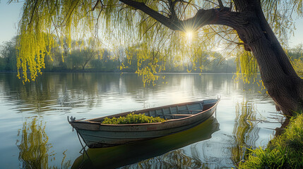 In early spring, the willow trees by the lake have just sprouting, the hanging willow branches, the...
