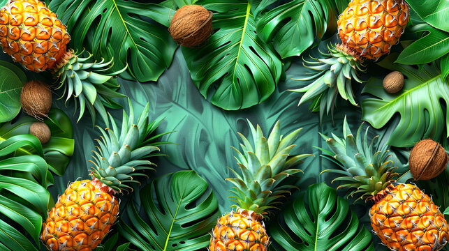 A tropical scene with a bunch of pineapples and nuts