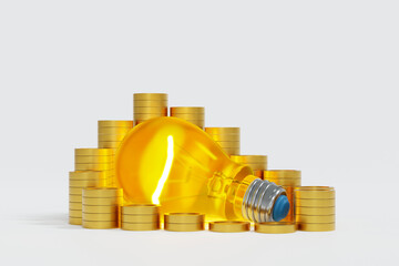 Light bulb with stock of gold coin, get idea to make money. 3D rendering. - 781040564