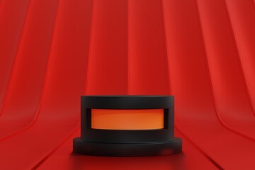Simple blank black round podium pedestal on red background, mockup display for production show, 3D rendering. - 781040586