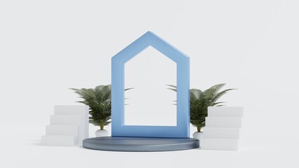 Round podium with house shape and stair decoration, real estate product  exhibition show, 3D rendering. - 781040587