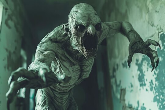Terrifying Monster Creature Lurking in Shadows, Horror Scene with Menacing Ghoul, Spooky Concept for Halloween Design