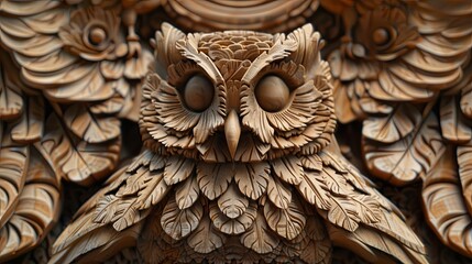 Proud posture Exquisite wooden owl sculpture adorned with intricate details. AI Image