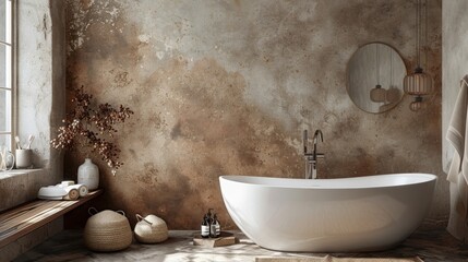 A bathroom with a statement wall covered in a textured earthytoned polished plaster. The natural hues and subtle texture of the plaster bring a rustic charm to the room creating a . - obrazy, fototapety, plakaty