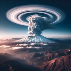An active volcano spewing out giant smoke rings.
