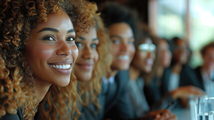 Obraz premium Group of men and women, smiling, happy, in a meeting room. Generative AI.