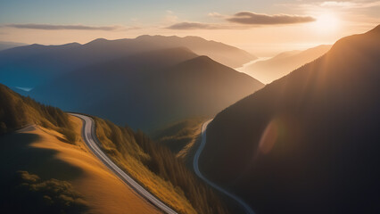 A winding mountain road by the sea at dawn, morning haze. Journey