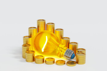 Light bulb with stock of gold coin, get idea to make money. 3D rendering. - 781040925