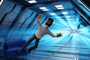 Man enjoy virtual reality with VR glasses levitation in sci fi spaceship, ai technology cinema game, 3D render.