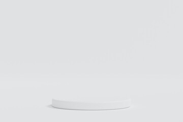 Simple blank white round podium pedestal on white background, mockup display for production show, 3D rendering.