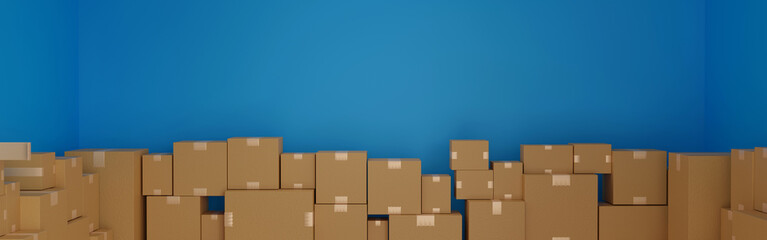 Stack of cardboard box carton or parcel in logistics warehouse. concept of delivering goods. Banner 3D rendering.