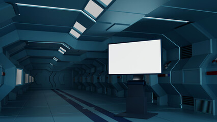Blank mock up vertical billboard or LCD screen floor stand in spaceship or space station interior, Sci Fi tunnel, 3D rendering. - 781040952