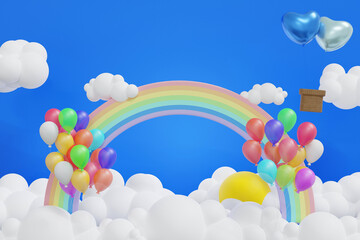 Rainbow with cloud sun and balloon in the blue sky, background for summer camp holiday vacation, 3D rendering.