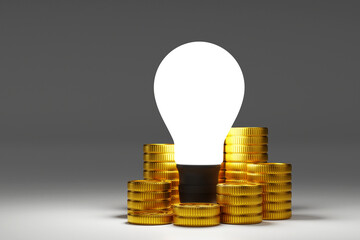 Light bulb with stock of gold coin, get idea to make money. 3D rendering.