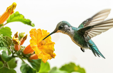 Obraz premium Close up of hummingbird flying near an orange flower, green leaves