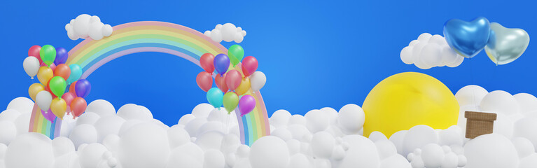 Rainbow with cloud sun and balloon in the blue sky, background for summer camp, Banner header for Website, 3D rendering.