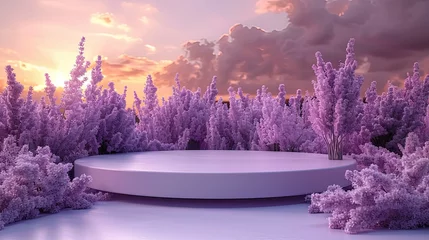 Fotobehang Lavender Infused Beauty Studio with Lilac Flowers on Crystal Vanity Table in Nature Setting © Chen