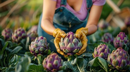 When the sun sets, a lady proceeds to collect purple artichokes from a field full of them greenery lush foliages heap of them and space, Generative AI.
