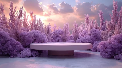 Gordijnen Lavender Infused Beauty Studio with Lilac Flowers on Crystal Vanity Table in Nature Setting © Chen