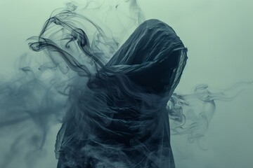 Mysterious Figure Shrouded in Smoke and Mist Conceptual Portrait Art in Moody Blue Tones