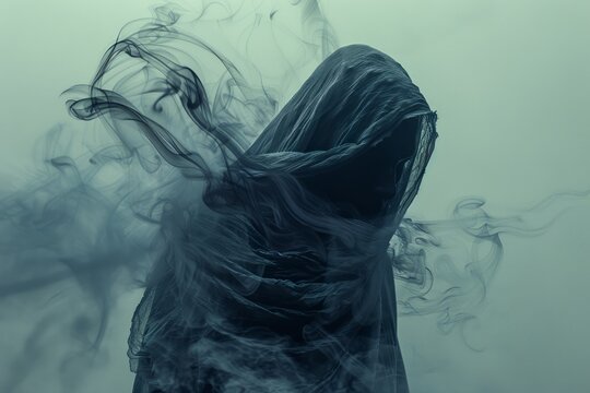 Mysterious Figure Shrouded in Smoke and Mist Conceptual Portrait Art in Moody Blue Tones