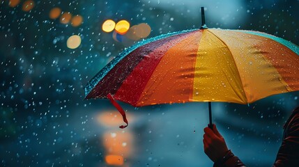 A hand holding multicolor umbrella under a rainy sky with a dark environment and a big space for text or product, Generative AI.