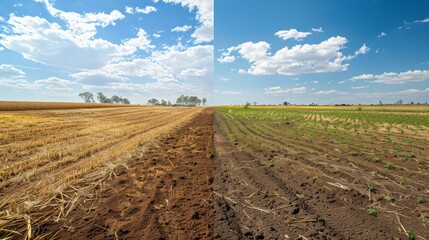 A before and after photo of a farm is shown with the first image depicting a dry barren land and the second image showing a lush green landscape. The use of biodegradable mulch in .