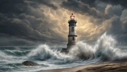 A lighthouse is shown in the midst of a stormy sea. The waves are crashing against the rocks and the lighthouse is being battered by the force of the water. Scene is one of danger and chaos - obrazy, fototapety, plakaty