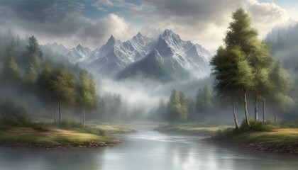 A painting of a mountain range with a river running through it. The sky is cloudy and the mountains are covered in snow. The painting has a peaceful and serene mood, with the trees