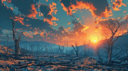 Wildfire aftermath depicted in a 3D cartoon animation, a stark landscape with a message of hope