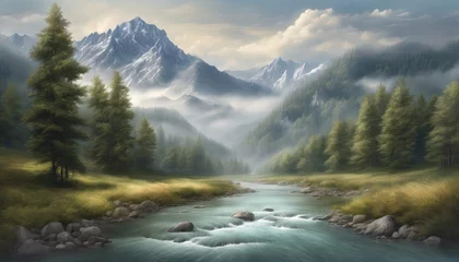 Papier peint Gris A painting of a river with mountains in the background. The mood of the painting is peaceful and serene