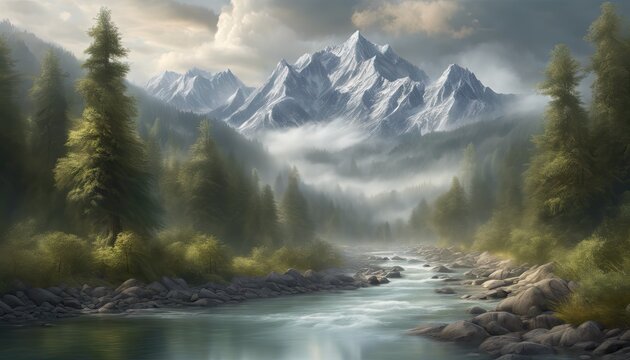 A painting of a mountain range with a river running through it. The painting has a serene and peaceful mood, with the mountains and river creating a sense of calm and tranquility