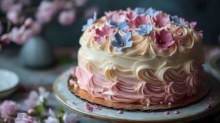 Obraz na płótnie Canvas An elegant marble-effect birthday cake with swirls of pastel colors, adorned with edible flowers and delicate gold leaf accents