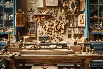 Woodworking Workshop Scene Craftsmanship Amid Chaos Handmade AI Image