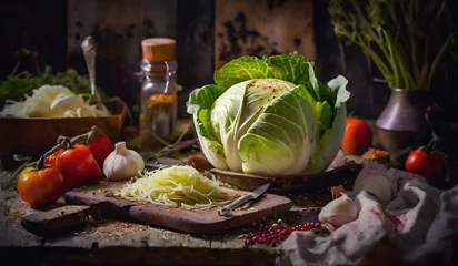 Foto op Plexiglas frischer Weißkohl in einer rustikalen Bauernküche © Juergen Wiesler