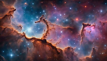 A colorful space with a bright orange cloud in the middle. The stars are scattered throughout the sky