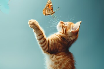 Cute portrait fluffy kitten cat catching Butterfly photograph, HD background, wallpaper, banner