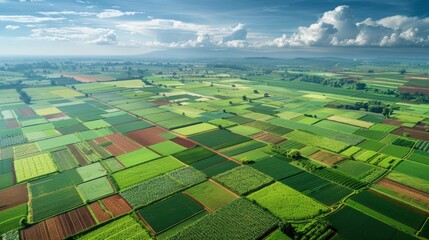 Aerial view of a vast landscape dotted with patchwork fields of various crops including corn and sugarcane carefully cultivated for their potential as biofuel sources. This image depicts . - obrazy, fototapety, plakaty
