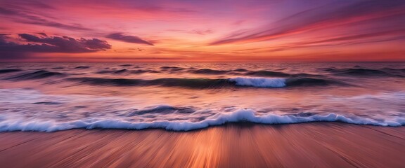 A beautiful sunset over the ocean with a wave in the foreground. The sky is a mix of pink and orange hues, creating a serene and calming atmosphere. The water is calm, reflecting the colors of the sky - obrazy, fototapety, plakaty