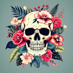 A skull with flowers and leaves surrounding it. Scene is cheerful and lighthearted