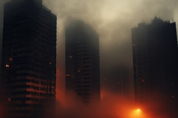 View of a smoky industrial city in smog, skyscrapers in fog, air pollution smoke
