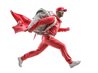 A man in a red outfit is running with a backpack on
