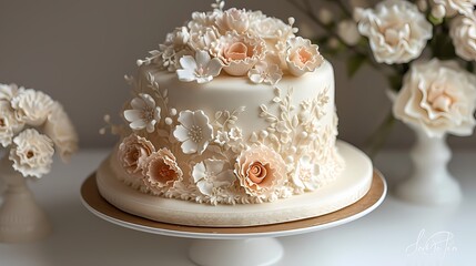 An elegant white fondant birthday cake decorated with intricate lace patterns and delicate sugar flowers