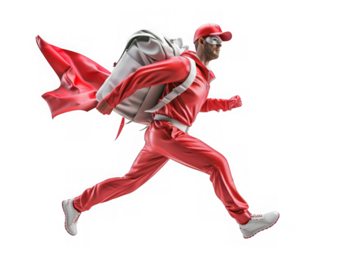 A man in a red outfit is running with a backpack on