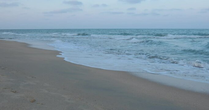 Seaside Serenity: A tranquil beach scene with waves gently lapping against the shore under a sunny sky
